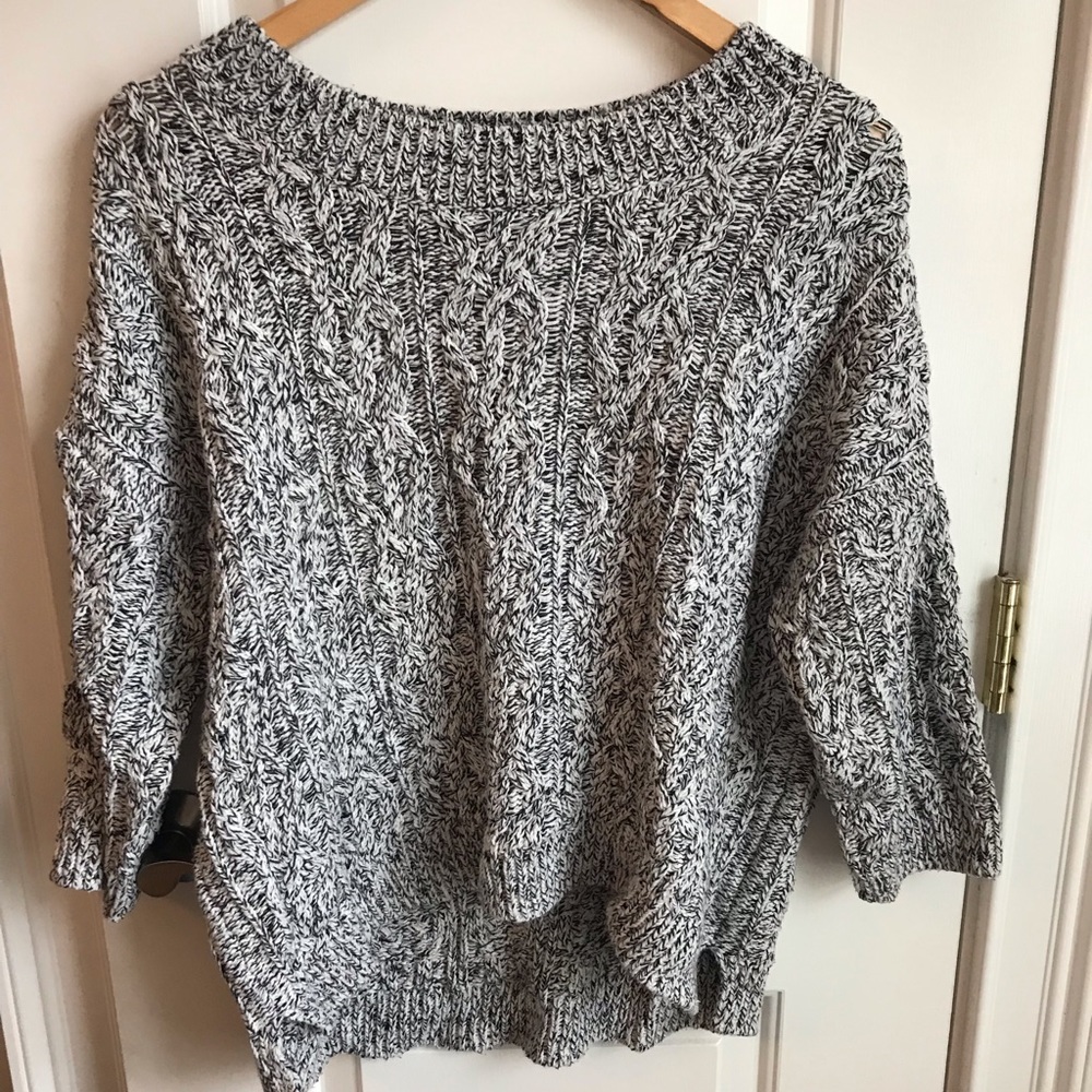 Black and white marled cable knit sweater